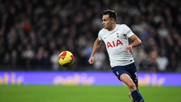 Tottenham Hotspur's Spanish defender Sergio Reguilon controls the ball during the FA Cup third round football match between Tottenham Hotspur and Brighton and Hove Albion at the Tottenham Hotspur Stadium in London, on February 5, 2022. (Photo by Daniel LEAL / AFP) / RESTRICTED TO EDITORIAL USE. No use with unauthorized audio, video, data, fixture lists, club/league logos or 'live' services. Online in-match use limited to 120 images. An additional 40 images may be used in extra time. No video emulation. Social media in-match use limited to 120 images. An additional 40 images may be used in extra time. No use in betting publications, games or single club/league/player publications. /