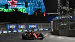 Ferrari's Spanish driver Carlos Sainz Jr. races during the second practice session for the Las Vegas Grand Prix on November 17, 2023, in Las Vegas, Nevada. (Photo by ANGELA WEISS / AFP)