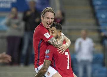 Joshua King (right) and Stefan Johansen celebrate during Norway's 2-0 victory over Azerbaijan on Friday evening.