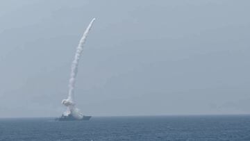 Russian frigate Marshal Shaposhnikov fires an anti-ship cruise missile at a maritime target during drills in the Sea of Japan, in this still image from video released August 21, 2025. Russian Defence Ministry/Handout via REUTERS ATTENTION EDITORS - THIS IMAGE HAS BEEN SUPPLIED BY A THIRD PARTY. NO RESALES. NO ARCHIVES. MANDATORY CREDIT.