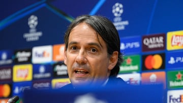 Inter Milan's Italian coach Simone Inzaghi attends a press conference on the eve of the UEFA Champions League semi-final first leg football match between FC Barcelona and Inter Milan at the Estadi Olimpic Lluis Companys, in Barcelona, on April 29, 2025. (Photo by Josep LAGO / AFP)