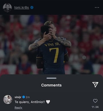 Vinicius agradece el cariño a Kroos.