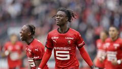 Rennes&#039; Eduardo Camavinga celebrates after scoring his side&#039;s second goal during the League One soccer match between Rennes and Montpellier, at the Roazhon Park stadium in Rennes, France, Saturday, Aug. 29, 2020. (AP Photo/David Vincent)