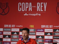 Atletico Madrid's Argentine coach Diego Simeone gives a press conference on the eve of the Copa del Rey (King's Cup) final football match between Club Atletico de Madrid and Real Sociedad at La Cartuja stadium in Seville, on April 17, 2026. (Photo by Thomas COEX / AFP)