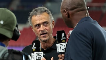 PARIS, FRANCE - AUGUST 23: PSG coach Luis Enrique is interviewed by Patrick Vieira for DAZN TV following the Ligue 1 football match between Paris Saint-Germain (PSG) and Montpellier HSC (MHSC) at Parc des Princes stadium on 08/25/2024 in Paris, France. (Photo by Jean Catuffe/Getty Images)