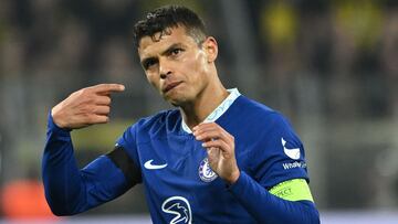 Chelsea's Brazilian defender Thiago Silva reacts after the UEFA Champions League, first-leg, round of 16 football match BVB Borussia Dortmund vs Chelsea FC, in Dortmund, western Germany, on February 15, 2023. (Photo by INA FASSBENDER / AFP)