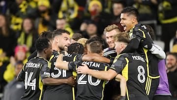 Nov 12, 2023; Columbus, Ohio, USA;  Columbus Crew forward Diego Rossi (10) celebrates his goal against the Atlanta United FC during the second half at Lower.com Field. Mandatory Credit: Joseph Maiorana-USA TODAY Sports