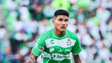 Bruno Amione of Santos during the 17th round match between Santos and Atletico San Luis as part of the Torneo Clausura 2024 Liga BBVA MX at TSM -Corona- Stadium on April 28, 2024 in Torreon, Coahuila, Mexico.