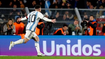 Soccer Football - World Cup - South American Qualifiers - Argentina v Ecuador - Estadio Mas Monumental, Buenos Aires, Argentina - September 7, 2023 Argentina's Lionel Messi celebrates scoring their first goal REUTERS/Agustin Marcarian