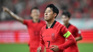 South Korea's Son Heung-min celebrates his goal against Cameroon during a friendly football match between South Korea and Cameroon in Seoul on September 27, 2022. (Photo by Jung Yeon-je / AFP) (Photo by JUNG YEON-JE/AFP via Getty Images)