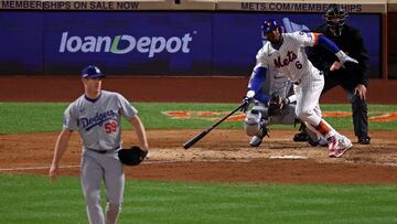 Oct 17, 2024; New York City, New York, USA; New York Mets outfielder Starling Marte (6) hits a single against the Los Angeles Dodgers in the sixth inning during game four of the NLCS for the 2024 MLB playoffs at Citi Field. Mandatory Credit: Vincent Carchietta-Imagn Images