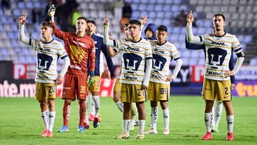 Santiago Trigos, Pablo Lara, Piero Quispe, Pablo Bennevendo of Pumas during the 7th round match between Pachuca and Pumas UNAM as part of the Liga BBVA MX, Torneo Clausura 2025 at Hidalgo Stadium, on February 16, 2025 in Pachuca, Hidalgo, Mexico.