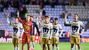 Santiago Trigos, Pablo Lara, Piero Quispe, Pablo Bennevendo of Pumas during the 7th round match between Pachuca and Pumas UNAM as part of the Liga BBVA MX, Torneo Clausura 2025 at Hidalgo Stadium, on February 16, 2025 in Pachuca, Hidalgo, Mexico.
