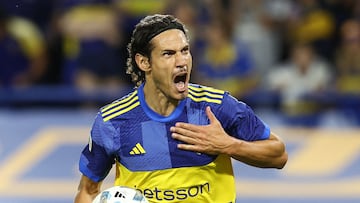 Boca Juniors' Uruguayan forward Edinson Cavani celebrates after scoring a penalty kick against Belgrano during the Argentine Professional Football League Cup 2024 match at La Bombonera stadium in Buenos Aires on March 3, 2024. (Photo by ALEJANDRO PAGNI / AFP)