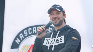 LOS ANGELES, CA - FEBRUARY 05: Daniel Suarez (#99 Trackhouse Racing Jockey Chevrolet) at fanfest before the start of the NASCAR Cup Series Busch Light Clash at The Coliseum on February 5, 2023, at the Los Angeles Memorial Coliseum in Los Angeles, CA. (Photo by Jeff Speer/Icon Sportswire via Getty Images)