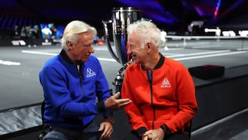 LONDON, ENGLAND - SEPTEMBER 20: Team Captains John McEnroe and Bjorn Borg talk to the media ahead of the Laver Cup at The O2 Arena on September 20, 2022 in London, England. (Photo by Clive Brunskill/Getty Images for Laver Cup)