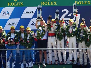 LE MANS, FRANCE - JUNE 18:  The Jackie Chan DC Racing Oreca team (C) of Oliver Jarvis, Thomas Laurent and Ho-Pin Tung celebrates winning the LMP2 class during the Le Mans 24 Hours race at the Circuit de la Sarthe on June 18, 2017 in Le Mans, France.  (Photo by Ker Robertson/Getty Images)