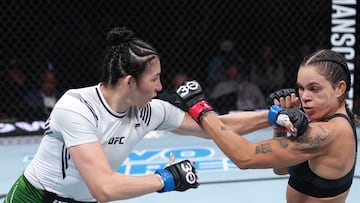 Irene Aldana y Amanda Nunes en el pleito por el cinturón del gallo en el UFC 289.