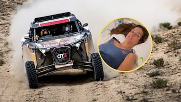 Cristina Guti&eacute;rrez al volante de su buggy en Kazajist&aacute;n y en una cama de hospital tras su lesi&oacute;n.