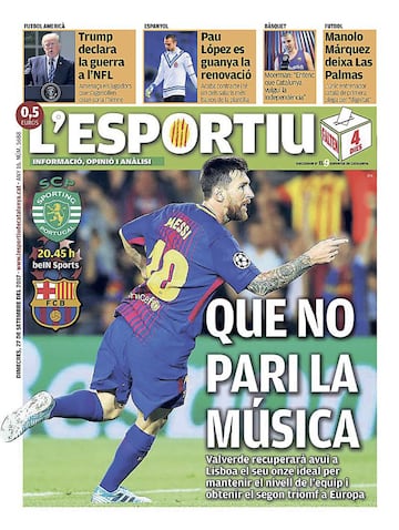 Portada de 'L'Esportiu' del miércoles, 27 de septiembre de 2017.