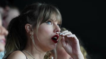 Feb 11, 2024; Paradise, Nevada, USA;  Recording artist Taylor Swift reacts during the first quarter of Super Bowl LVIII between Kansas City Chiefs and San Francisco 49ers at Allegiant Stadium. Mandatory Credit: Joe Camporeale-USA TODAY Sports