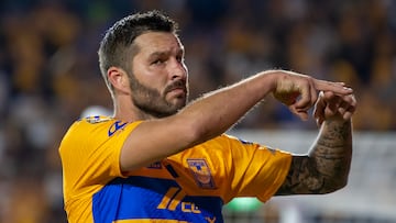 AME4360. MONTERREY (MÉXICO), 04/11/2023.- Andre Gignac de Tigres festeja un gol ante San Luis hoy, durante un partido correspondiente a la jornada 16 del Torneo apertura 2023 disputado en el estadio Universitario, en Monterrey (México). EFE/Miguel Sierra.
