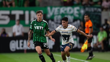 Guilherme Biro (L) of Austin fights for the ball with Jesus Rivas (R) of Pumas during the match between Pumas UNAM and Austin FC as part of Group A of the 2024 Leagues Cup at Q2 Stadium on July 26, 2024 in Austin, Texas, United States.
