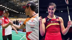 Imágenes de Jorge Lorenzo y Marc Marquez saludándose antes de enfrentarse al bádminton en un partido promocional del GP de Malasia y de Carolina Martín celebrando un punto en un partido.