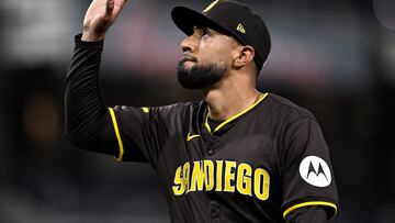 Mar 25, 2024; San Diego, California, USA; San Diego Padres relief pitcher Robert Suarez (75) gestures after pitching the ninth inning against the Seattle Mariners at Petco Park. Mandatory Credit: Orlando Ramirez-USA TODAY Sports