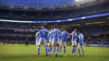 Nov 21, 2021; Bronx, NY, USA; New York City FC celebrates a goal by defender Alexander Callens (6) against the Atlanta United during the second half in a round one MLS Playoff game at Yankee Stadium. Mandatory Credit: Vincent Carchietta-USA TODAY Sports