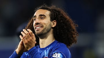 Chelsea's Spanish defender #03 Marc Cucurella celebrates at the end of the English Premier League football match between Chelsea and Manchester United at Stamford Bridge in London on May 16, 2025. Chelsea wins 1-0 against Manchester United. (Photo by HENRY NICHOLLS / AFP) / RESTRICTED TO EDITORIAL USE. No use with unauthorized audio, video, data, fixture lists, club/league logos or 'live' services. Online in-match use limited to 120 images. An additional 40 images may be used in extra time. No video emulation. Social media in-match use limited to 120 images. An additional 40 images may be used in extra time. No use in betting publications, games or single club/league/player publications. /