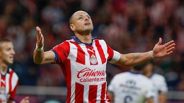 Javier -Chicharito- Hernandez celebrates his goal 1-0 of Guadalajara  during the 14th round match between Guadalajara and Puebla as part of the Torneo Clausura 2024 Liga BBVA MX at Akron Stadium on April 06, 2024 in Guadalajara, Jalisco, Mexico.