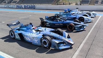 El próximo Gen4 de Fórmula E, junto a sus tres antecesores en la recta de Paul Ricard.