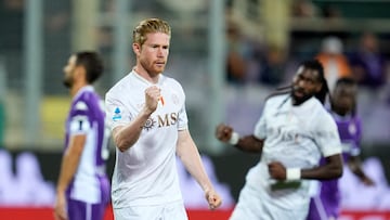 Soccer Football - Serie A - Fiorentina v Napoli - Stadio Artemio Franchi, Florence, Italy - September 13, 2025 Napoli's Kevin De Bruyne celebrates scoring their first goal REUTERS/Matteo Ciambelli
