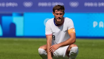 FILE PHOTO: Aug 2, 2024; Paris, France; United States midfielder Tanner Tessmann (8) reacts after losing to Morocco in a men's football quarterfinal during the Paris 2024 Olympic Summer Games at Parc des Princes. Mandatory Credit: Andrew P. Scott-USA TODAY Sports/File Photo