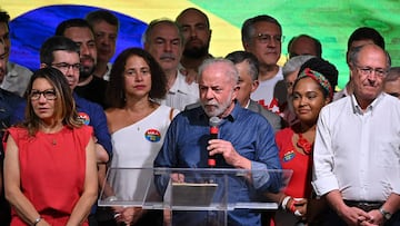 Brazilian former President (2003-2010) and candidate for the leftist Workers Party (PT) Luiz Inacio Lula da Silva speaks after winning the presidential run-off election, in Sao Paulo, Brazil, on October 30, 2022. - Brazil's veteran leftist Luiz Inacio Lula da Silva was elected president Sunday by a hair's breadth, beating his far-right rival in a down-to-the-wire poll that split the country in two, election officials said. (Photo by NELSON ALMEIDA / AFP) (Photo by NELSON ALMEIDA/AFP via Getty Images)