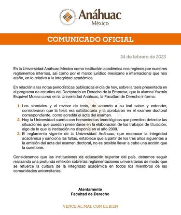 Yasmín Esquivel: Universidad Anáhuac sostiene que tesis de Doctorado era satisfactoria
