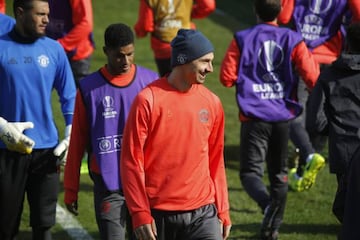 Manchester United's Zlatan Ibrahimovic and Marcus Rashford during training ahead of Rostov game.