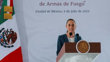 Mexican President Claudia Sheinbaum speaks during an event for the International Day for the Destruction of Firearms at the Basilica of Our Lady of Guadalupe, in Mexico City, Mexico July 9, 2025. REUTERS/Raquel Cunha