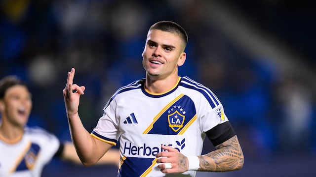 Mar 11, 2026; Carson, California, USA; LA Galaxy forward Gabriel Pec (11) gestures after scoring a hattrick during the second half of a Concacaf Champions Cup Round of 16 Leg 1 soccer game against Mount Pleasant FA at Dignity Health Sports Park. Mandatory Credit: William Liang-Imagn Images