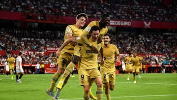 Robert Lewandowski centre-forward of Barcelona and Poland celebrates after scoring his sides first goal during the La Liga Santander match between Sevilla FC and FC Barcelona at Estadio Ramon Sanchez Pizjuan on September 3, 2022 in Seville, Spain. (Photo by Jose Breton/Pics Action/NurPhoto via Getty Images)