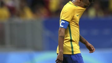  Neymar(BRA) of Brazil reacts at end of game against Iraq.  