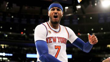 NEW YORK, NY - JANUARY 12: Carmelo Anthony #7 of the New York Knicks reacts after he is called for a foul in the fourth quarter against the Chicago Bulls at Madison Square Garden on January 12, 2017 in New York City. NOTE TO USER: User expressly acknowledges and agrees that, by downloading and or using this Photograph, user is consenting to the terms and conditions of the Getty Images License Agreement Elsa/Getty Images/AFP
== FOR NEWSPAPERS, INTERNET, TELCOS & TELEVISION USE ONLY ==
