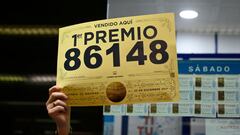 A lottery seller celebrates selling the winning ticket of the first prize of Spain&#039;s Christmas lottery &quot;El Gordo&quot; (the Fat One) in Madrid on December 22, 2021.