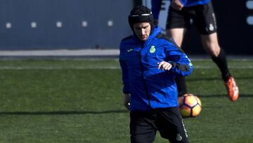 Piatti, con casco en el entrenamiento del Espanyol.