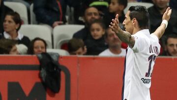 Paris Saint-Germain's Argentine midfielder Angel Di Maria celebrates after scoring his team's second goal during the French L1 football match between OGC Nice (OGCN) and Paris Saint-Germain (PSG) at "Allianz Riviera" stadium in Nice, s