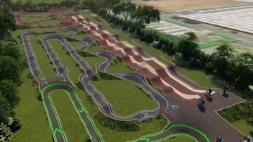 Vista aérea del Pumptrack Montévrain (Francia), con diferentes circuitos pintados de distintos colores para distintos niveles.