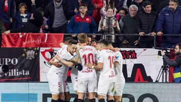 Youssef En-Nesyri of Sevilla FC celebrates a goal during the spanish league, La Liga Santander, football match played between Sevilla FC and Elche CF at Ramon Sanchez Pizjuan stadium on January 28, 2023, in Sevilla, Spain.