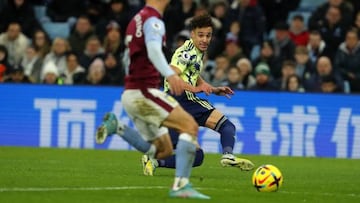 Aston Villa's Spanish defender Alex Moreno (R) blocks a goal-bound shot from Leeds United's Brazilian-born Spanish striker Rodrigo (L) during the English Premier League football match between Aston Villa and Leeds Utd at Villa Park in Birmingham, central England on January 13, 2023. - RESTRICTED TO EDITORIAL USE. No use with unauthorized audio, video, data, fixture lists, club/league logos or 'live' services. Online in-match use limited to 120 images. An additional 40 images may be used in extra time. No video emulation. Social media in-match use limited to 120 images. An additional 40 images may be used in extra time. No use in betting publications, games or single club/league/player publications. (Photo by Geoff Caddick / AFP) / RESTRICTED TO EDITORIAL USE. No use with unauthorized audio, video, data, fixture lists, club/league logos or 'live' services. Online in-match use limited to 120 images. An additional 40 images may be used in extra time. No video emulation. Social media in-match use limited to 120 images. An additional 40 images may be used in extra time. No use in betting publications, games or single club/league/player publications. / RESTRICTED TO EDITORIAL USE. No use with unauthorized audio, video, data, fixture lists, club/league logos or 'live' services. Online in-match use limited to 120 images. An additional 40 images may be used in extra time. No video emulation. Social media in-match use limited to 120 images. An additional 40 images may be used in extra time. No use in betting publications, games or single club/league/player publications. (Photo by GEOFF CADDICK/AFP via Getty Images)