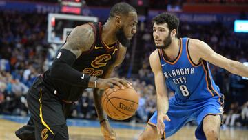 Feb 13, 2018; Oklahoma City, OK, USA; Cleveland Cavaliers forward LeBron James (23) drives to the basket in front of Oklahoma City Thunder guard Alex Abrines (8) during the second quarter at Chesapeake Energy Arena. Mandatory Credit: Mark D. Smith-USA TOD